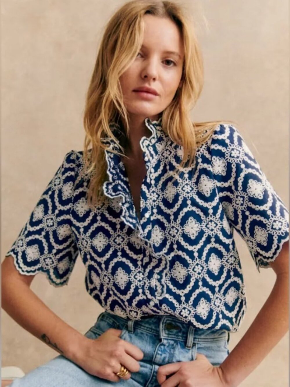 Dalhia Shirt — Marine with Ecru Embroidery, Size S